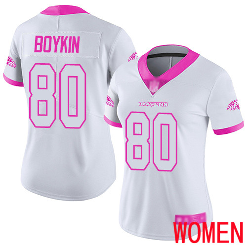Baltimore Ravens Limited White Pink Women Miles Boykin Jersey NFL Football #80 Rush Fashion->women nfl jersey->Women Jersey